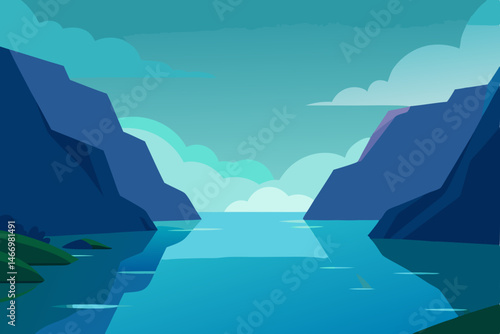 serene fjord landscape with glassy water and tower.svg