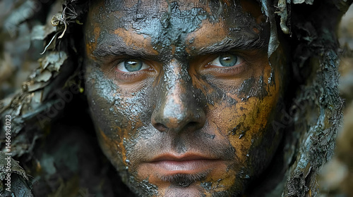 Close-Up Portrait of a Man with Camouflage Makeup