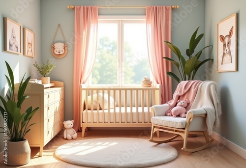 cozy nursery setup pastel colors soft toys gentle atmosphere peaceful home interior warm decor, furniture, blanket, pillow, cushion, drapes, artwork, crib