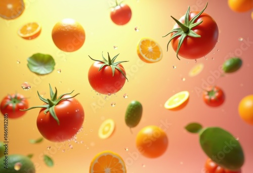colorful floating fruits vegetables mid air composition fresh produce healthy lifestyle vertical arrangement, apple, orange, grape, carrot, tomato