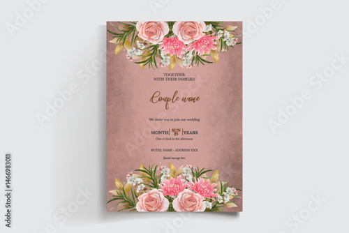 WEDDING INVITATION FRAME WITH FLOWER DECORATIONS AND FRESH LEAVES