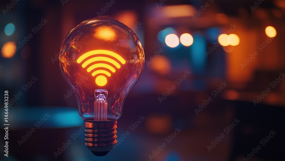Illuminated lightbulb with wifi symbol, highlighting innovation and connectivity in a warm, ambient setting Illuminated lightbulb with wifi symbol, highlighting innovation and connectivity in a warm, ambient setting