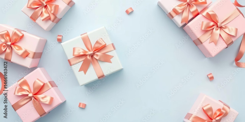 Soft pastel gift boxes tied with rose gold ribbons, arranged on a light blue background, birthday, summer Soft pastel gift boxes tied with rose gold ribbons, arranged on a light blue background, birthday, summer