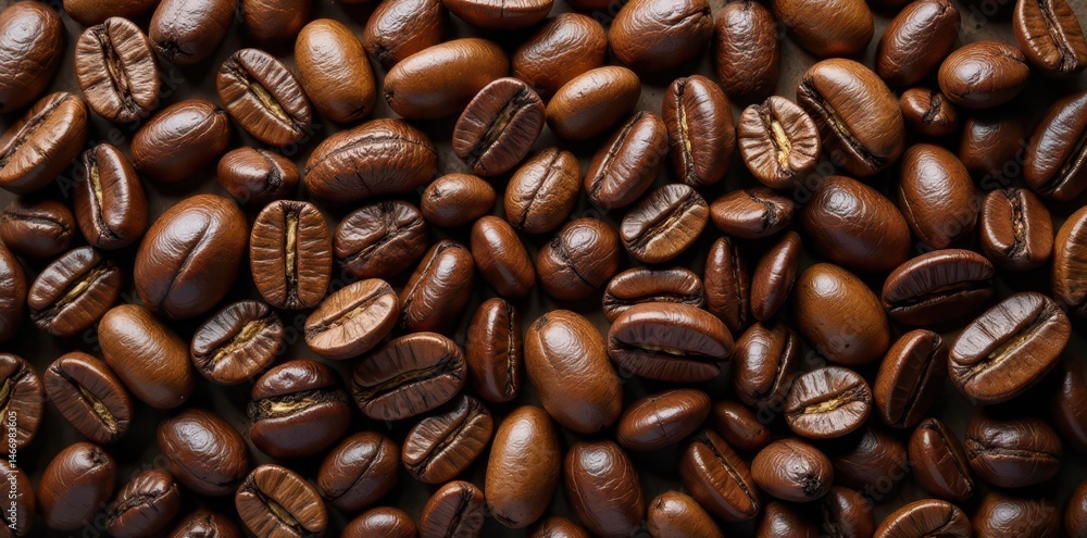 Fototapeta premium Rich brown coffee beans texture background, ample copy space , illustration, food