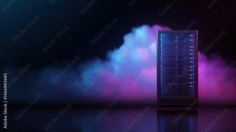 Neon lit server rack in a dark, smoky environment. Neon lit server rack in a dark, smoky environment.
