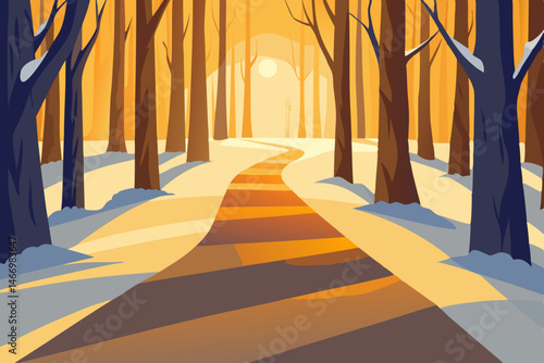 snow covered forest path with golden morning light.svg