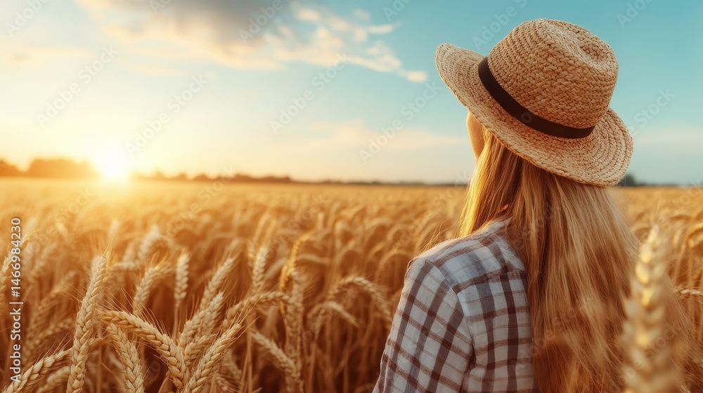 Obraz premium A young woman admires a stunning sunset view from a wheat field, symbolizing appreciation for nature’s beauty and a moment of reflection in a serene and pastoral setting.