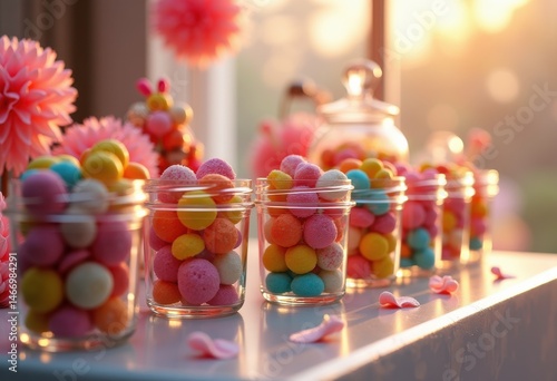 vibrant colorful candy arrangements displayed clear glass jars sweet treats festive decoration delight, sweets, bright, gummy, chocolate, lollipop, hard, chewy