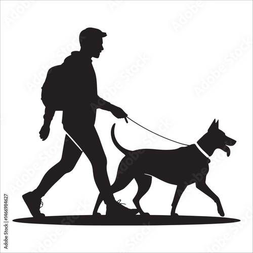 Man walking dog on leash silhouette illustration isolated on white background vector.
