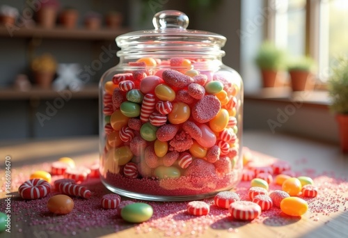 vibrant colorful candy assortment clear glass jar sweet delicious treats chocolate gummies lollipops candy canes jelly beans, jars, sweets, sugar