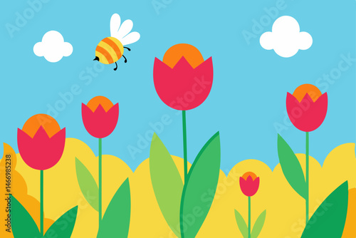 spring meadow buzzing with bees and blooming tulip 