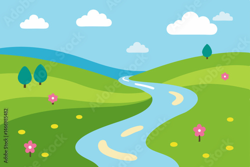 spring stream meandering through a blooming meadow 