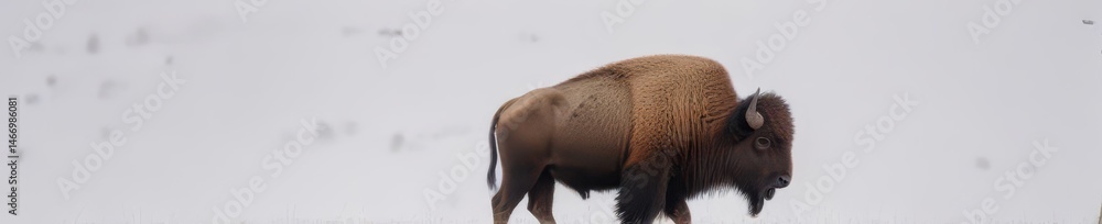 Fototapeta premium A lone bison, majestic and powerful, stands against a stark white background , white background, strength