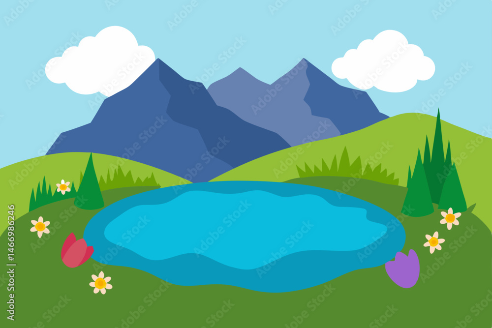 Fototapeta premium still alpine pond surrounded by blooming wildflowe 
