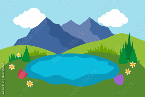 still alpine pond surrounded by blooming wildflowe 