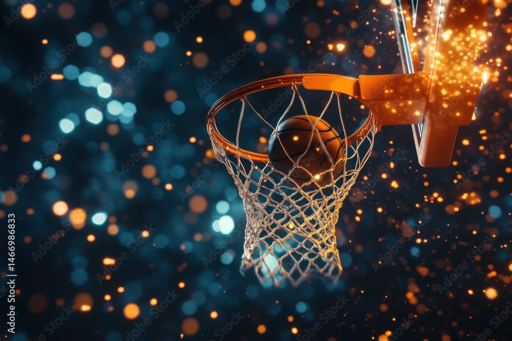 A basketball swishing through the net with bokeh lights in the background at night time scene A basketball swishing through the net with bokeh lights in the background at night time scene