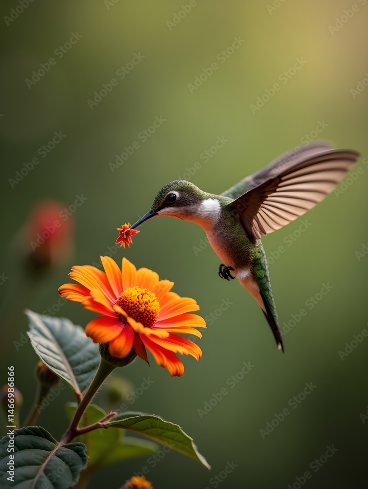Naklejka premium A hummingbird flying over a flower with orange leaves