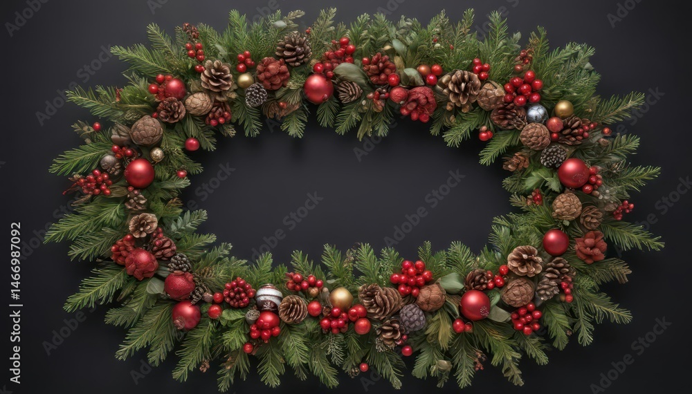 A vibrant Christmas wreath, circular, adorned with ornaments, berries, pine cones, and ribbons , circle, winter A vibrant Christmas wreath, circular, adorned with ornaments, berries, pine cones, and ribbons , circle, winter