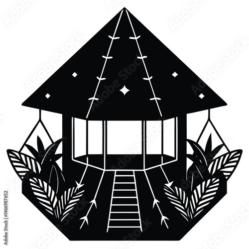 Traditional Village House Silhouette Vector with Thatched Roof and Mud Walls Representing Rural Lifestyle and Native Architecture