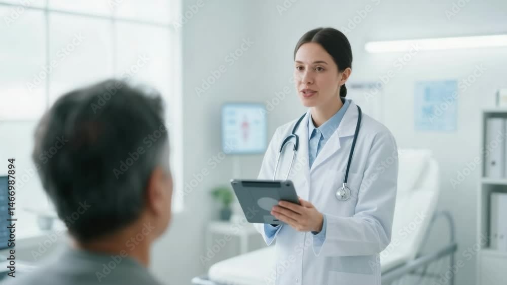 Female doctor uses a digital tablet explaining diagnosis or treatment to a patient in a bright clinic examination room, representing modern healthcare communication and patient care technology Female doctor uses a digital tablet explaining diagnosis or treatment to a patient in a bright clinic examination room, representing modern healthcare communication and patient care technology