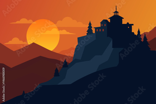 sunset behind a peaceful monastery on a mountain 