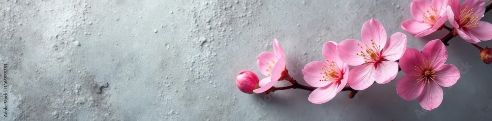 Delicate pink cherry plum blossoms against a textured gray gypsum plaster backdrop , floral, bloom Delicate pink cherry plum blossoms against a textured gray gypsum plaster backdrop , floral, bloom