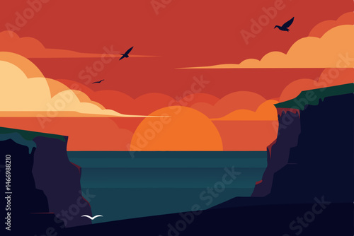 sunset behind ocean cliffs with seabirds gliding 