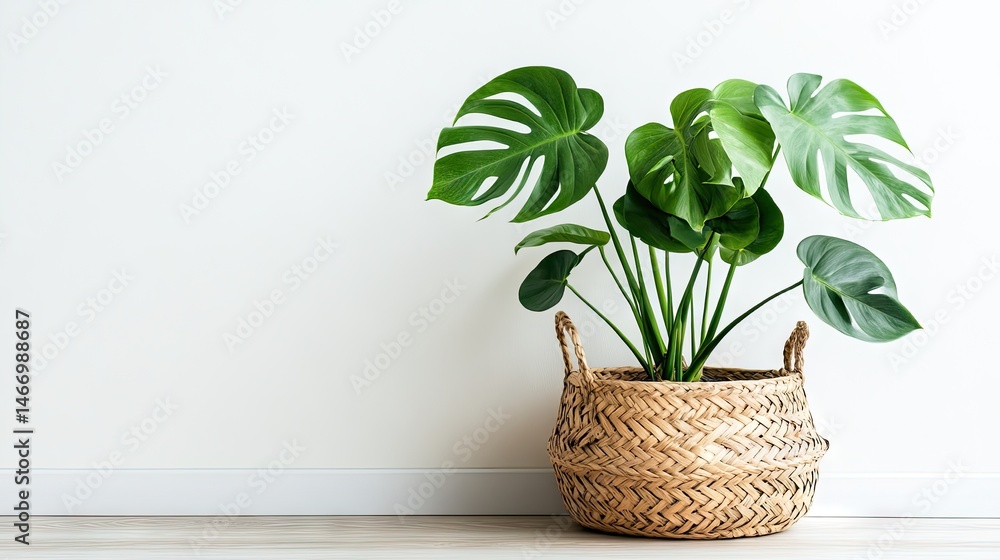 Fototapeta premium Potted monstera plant in a woven basket against a white wall.