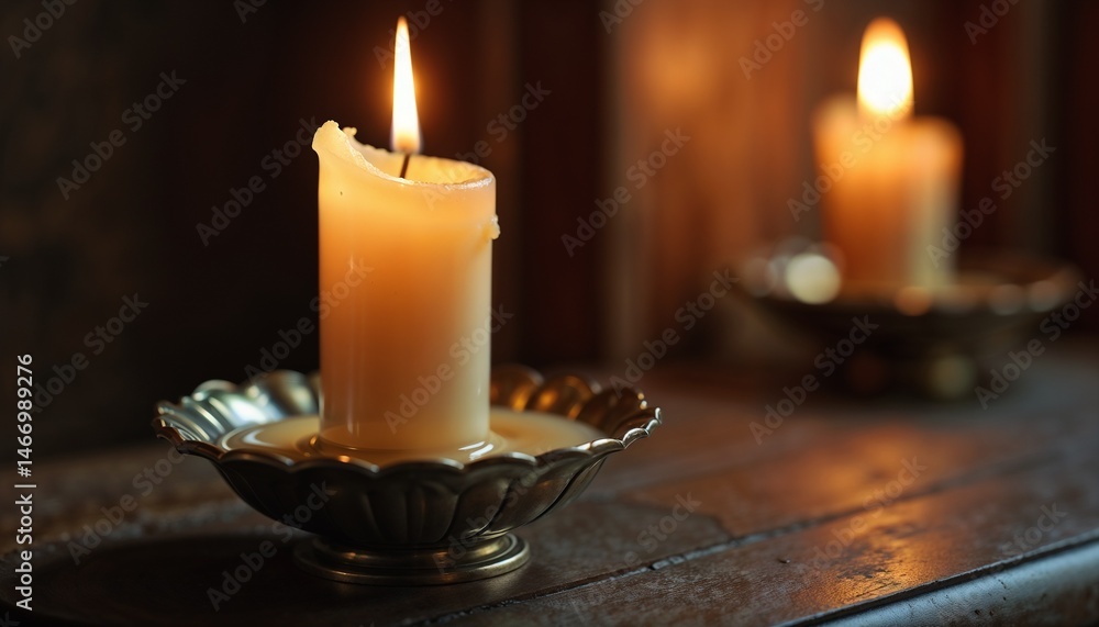 Two warm candles glowing on a decorative plate with a vintage background