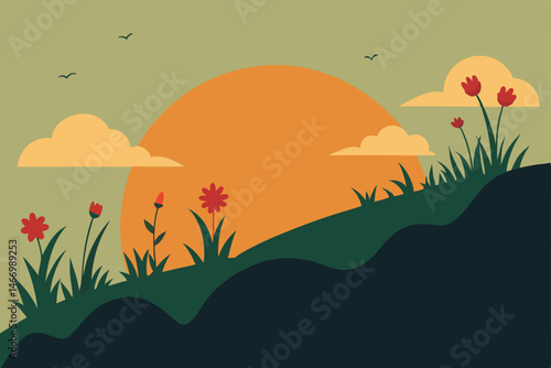 sunset over a grassy bluff with wildflowers swayin.svg