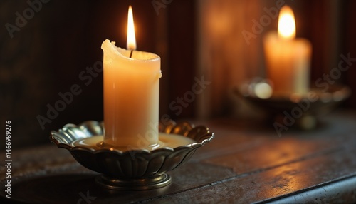 Obraz na płótnie Two warm candles glowing on a decorative plate with a vintage background
w salonie