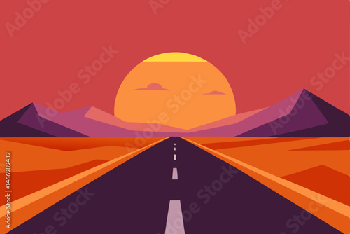 sunset over a quiet desert road stretching 