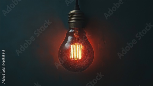 Light bulb glows red light on a black matte background.