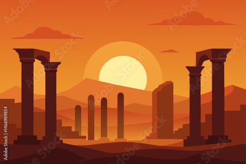 sunset over desert ruins with ancient columns cast.svg