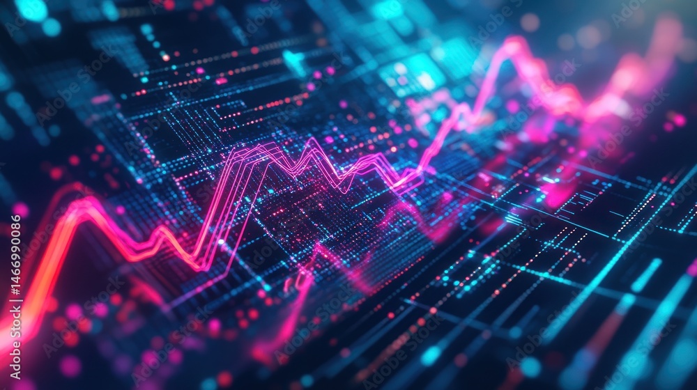 Abstract digital data visualization with glowing lines and nodes representing technological progress, network, or financial growth. Abstract digital data visualization with glowing lines and nodes representing technological progress, network, or financial growth.
