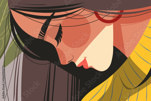 Elegant flat graphic vector illustration of a woman's profile in a calm, contemplative pose. Modern, minimalist design perfect for various creative projects.