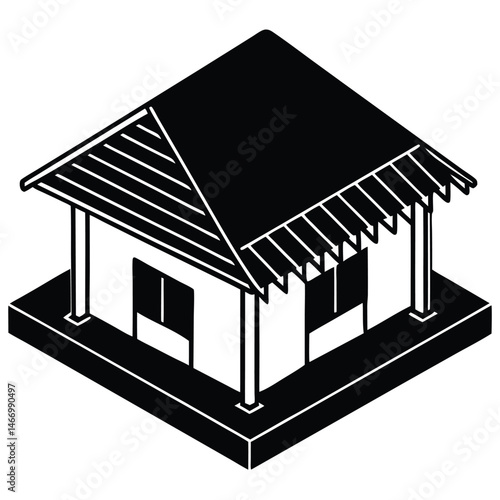 Traditional Village House Silhouette Vector with Thatched Roof and Mud Walls Representing Rural Lifestyle and Native Architecture