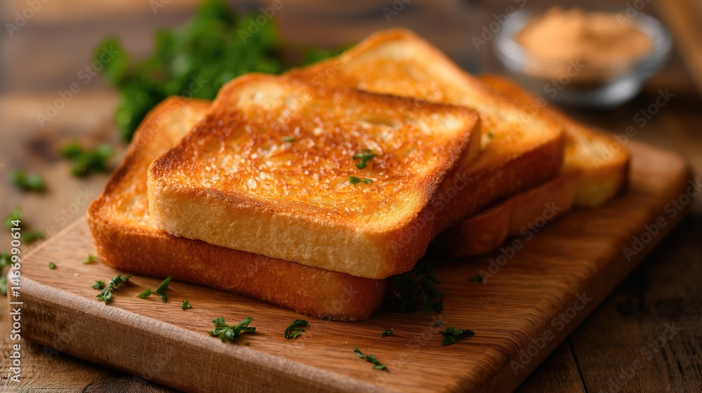 Toasted bread slices on a wooden cutting board. Close-up. Toasted bread slices on a wooden cutting board. Close-up.