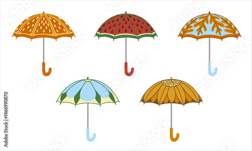 Set of cute umbrellas. Funny design brolly for protection from rain, sun. Flat isolated vector illustration on white background