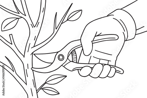 closeup of hand holding scissors cutting tree branch