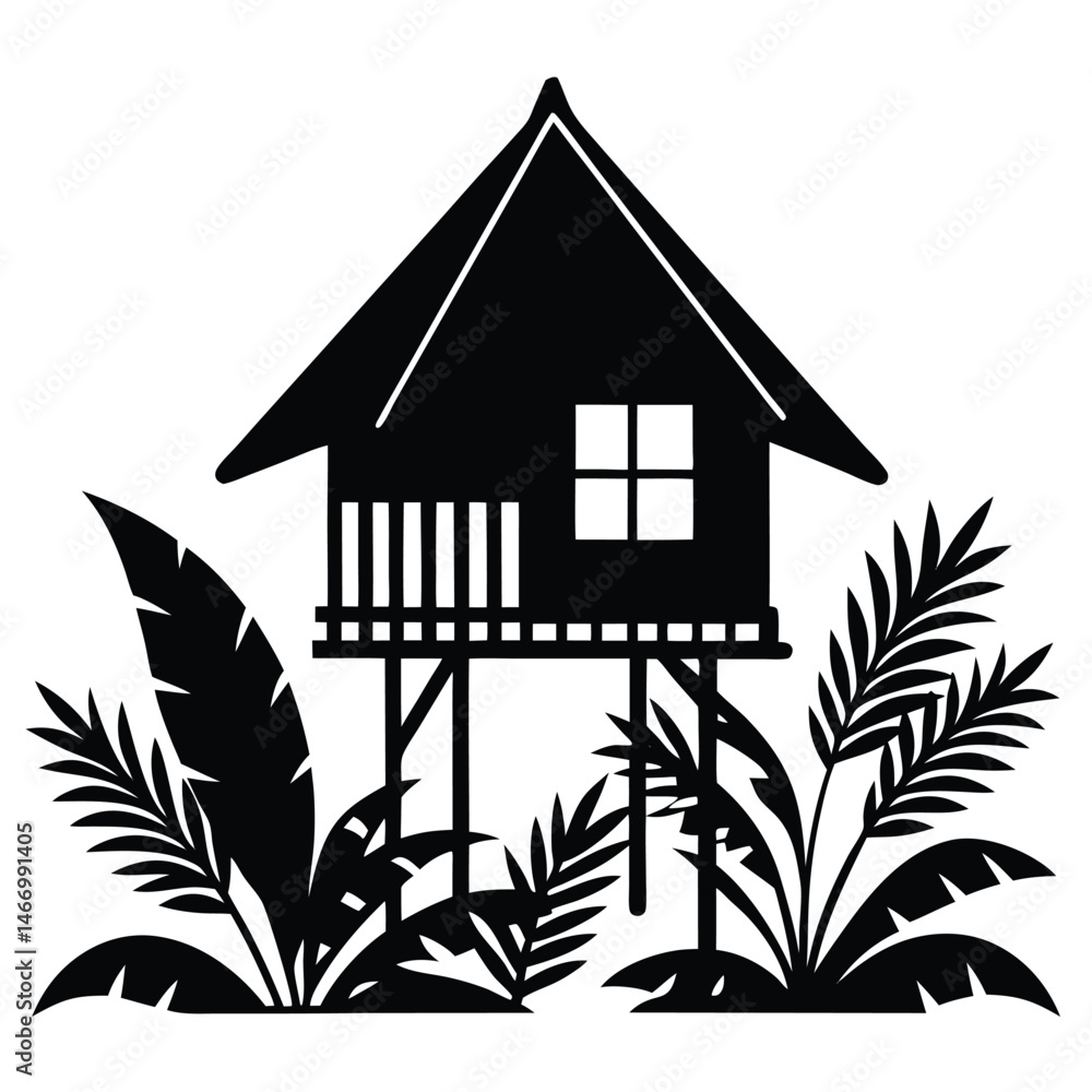 Ταπετσαρία Traditional Village House Silhouette Vector with Thatched Roof and Mud Walls Rep
