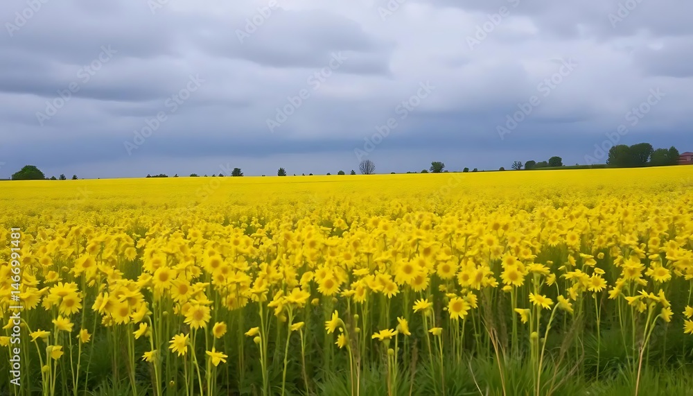 Expansive Sunflower Field Stretching Under a Dramatic, Overcast Sky Expansive Sunflower Field Stretching Under a Dramatic, Overcast Sky
