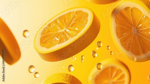 Juicy orange slices fall on a yellow background.