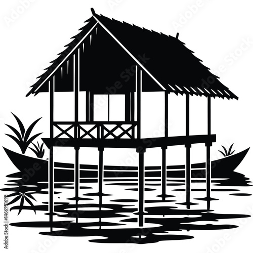 Traditional Village House Silhouette Vector with Thatched Roof and Mud Walls Representing Rural Lifestyle and Native Architecture