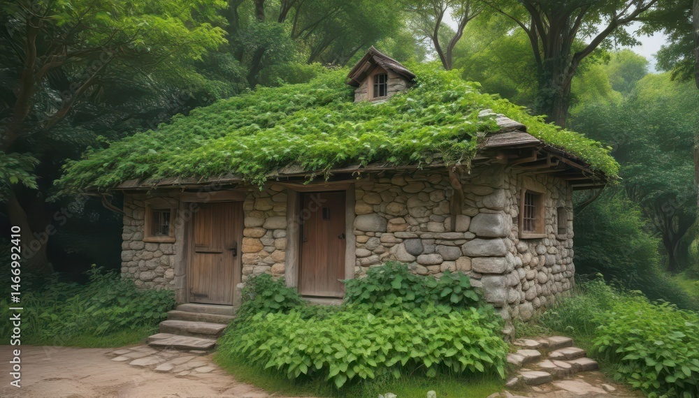 Ancient stone hut, ivy-covered walls, forest backdrop, wooden entrance , overgrown, hut Ancient stone hut, ivy-covered walls, forest backdrop, wooden entrance , overgrown, hut