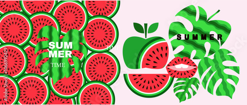 Summer watermelon abstract  banner concept design  background in cartoon style vector  Set icons