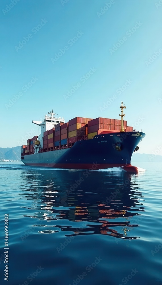 Fototapeta premium Sleek container ship glides across calm blue sea, logistics, calm waters, ship