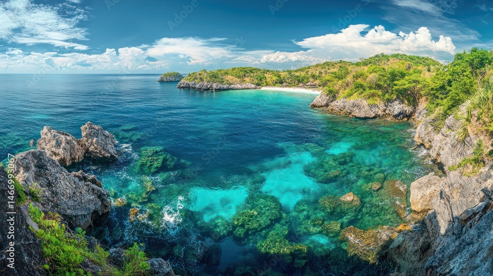 Tropical beach cove, turquoise water, island view, sunny day, travel Tropical beach cove, turquoise water, island view, sunny day, travel