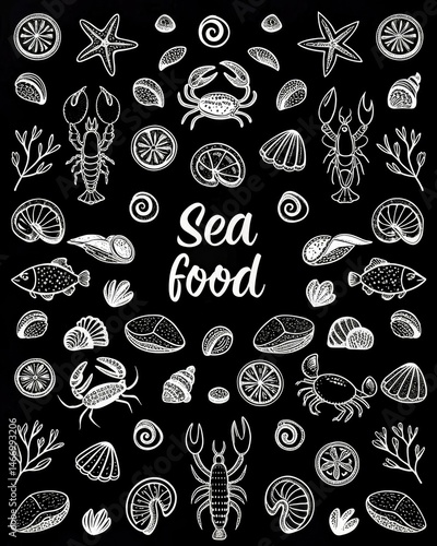 Beautiful black and white food graphics featuring seafood illustrations and designs photo