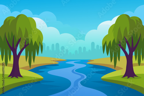 tranquil river scene with willow trees dipping 